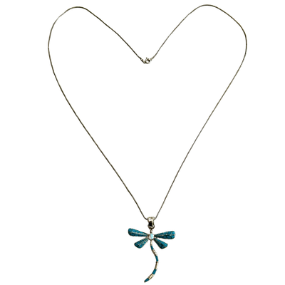 Sterling Inlaid Turquois &amp; Opal Dragonfly Pendant on 31&quot; Sterling 925 Chain Necklace