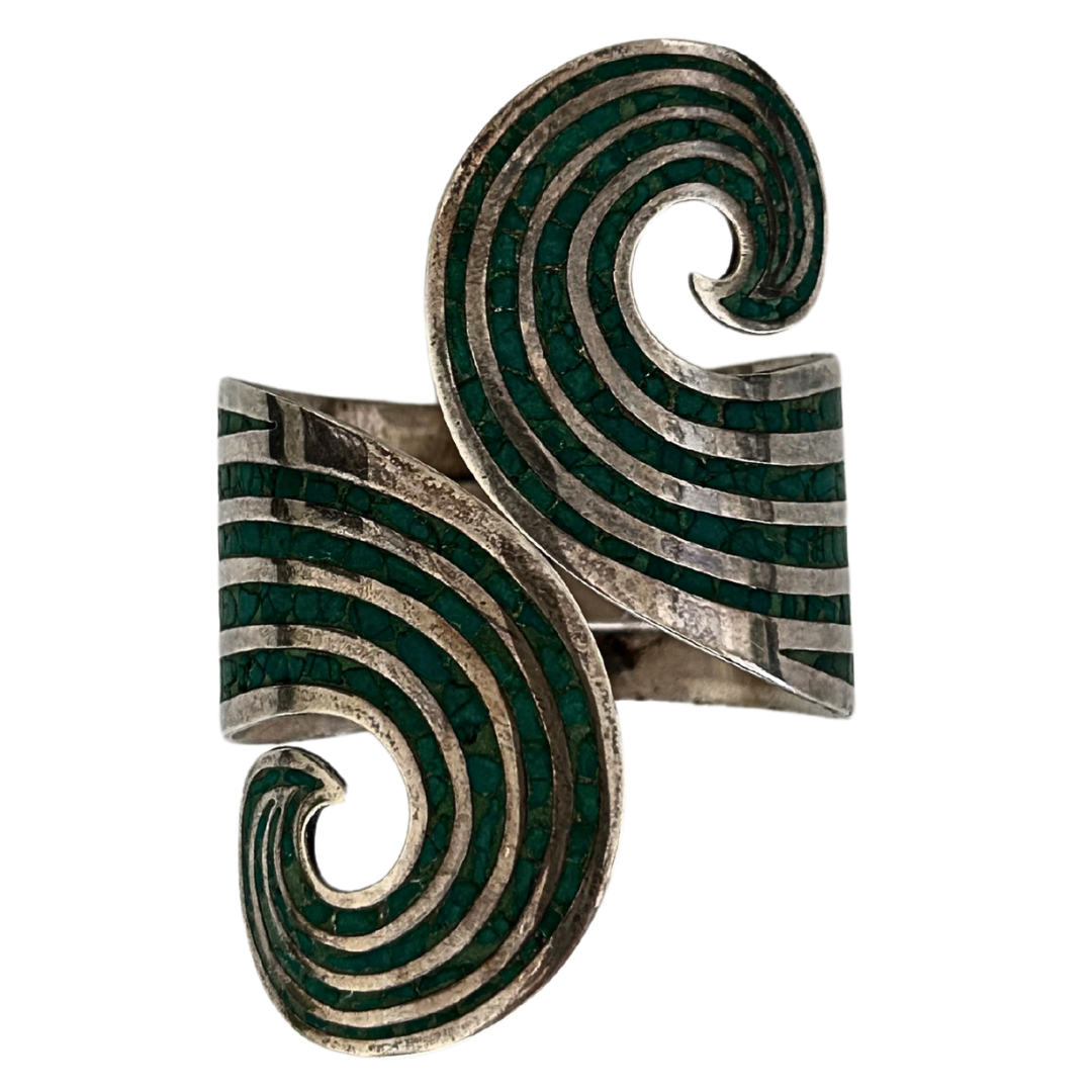 Sterling 925 Mexico Stone Inlaid Signed Cuff Bracelet