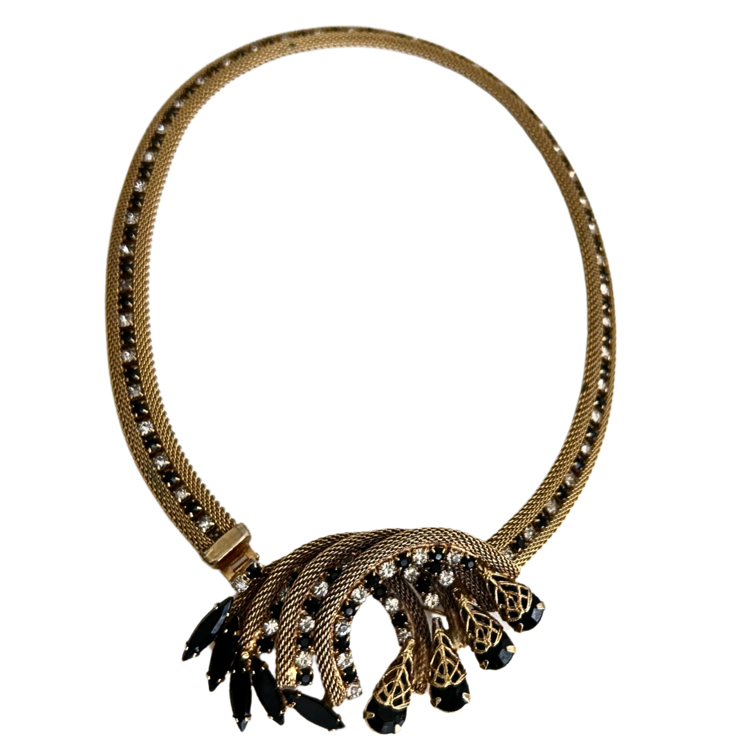 HOBE Marked Gold Tone Mesh Rhinestone Necklace/Brooch Pin