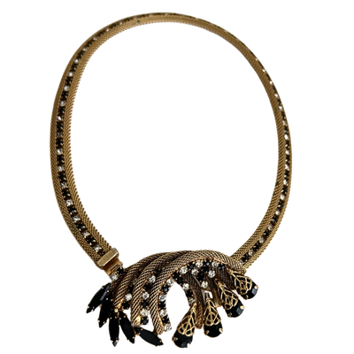 HOBE Gold Tone Mesh Rhinestone Necklace/Brooch Pin