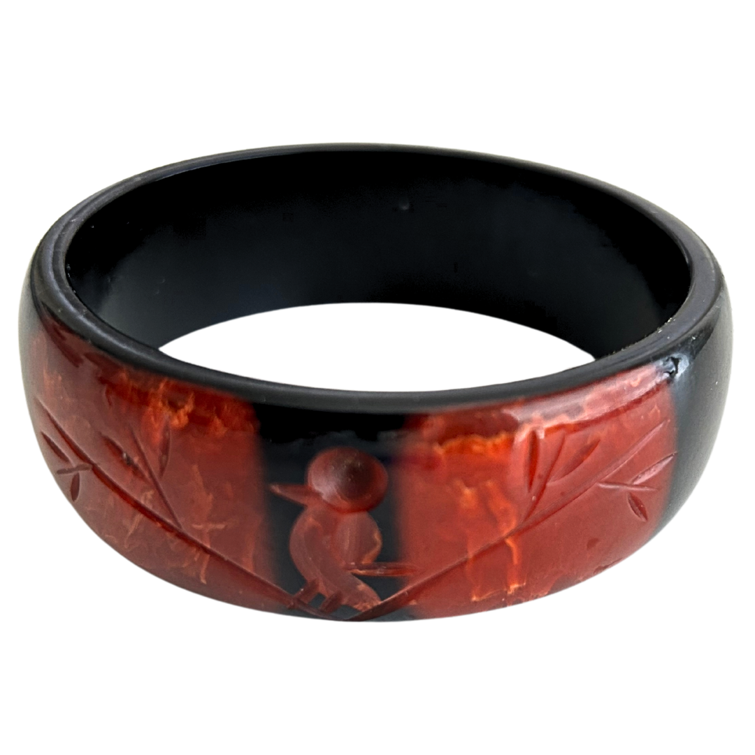 Carved Bird Dark Red &amp; Black Bangle Bracelet