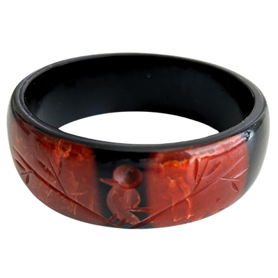 Carved Bird Dark Red &amp; Black Bangle Bracelet