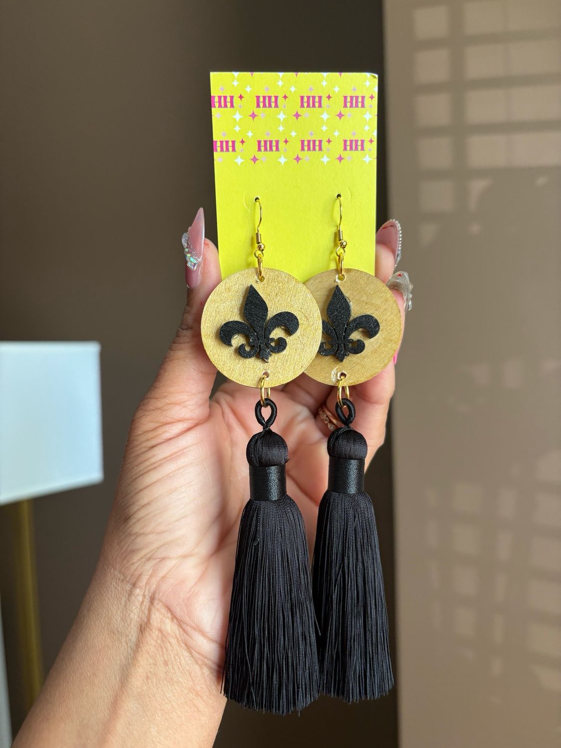 Saints Disc Gold Black Tassel Earrings