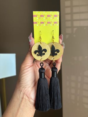 Saints Disc Gold Black Tassel Earrings