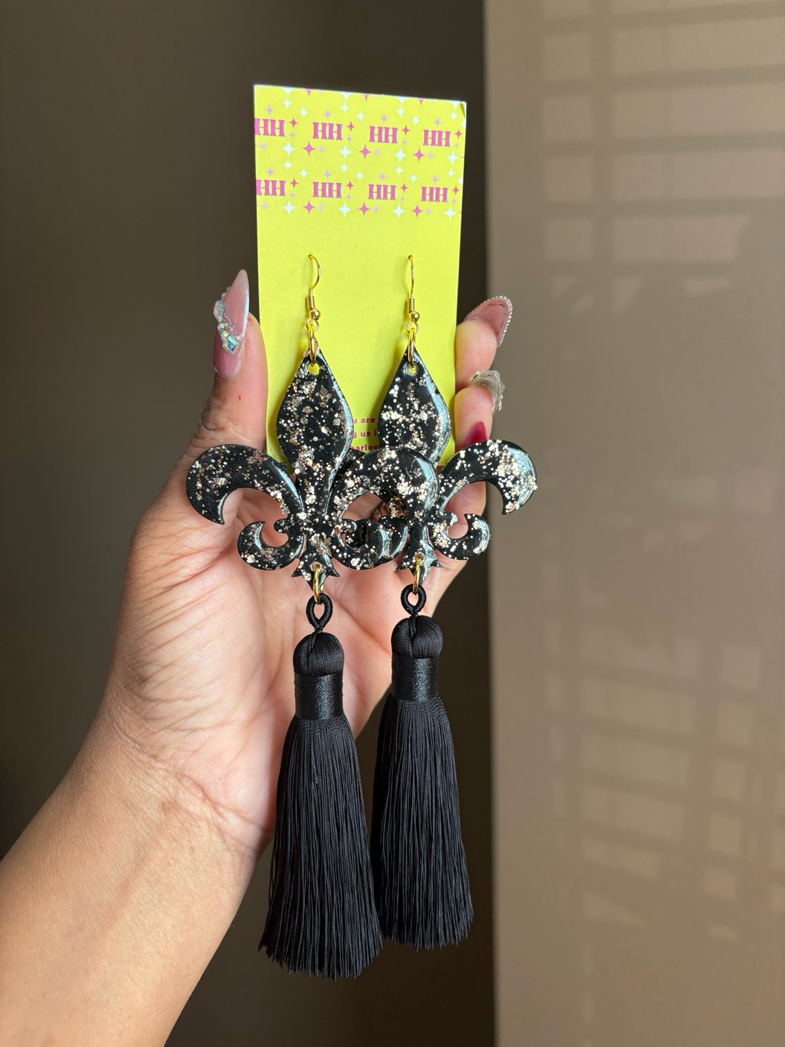 Black Fleur De Lis Tassel Earrings