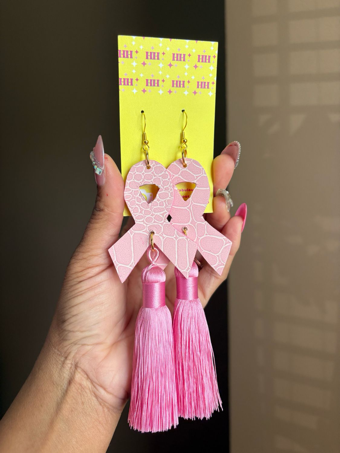 Think Pink Ribbon Tassel Earrings