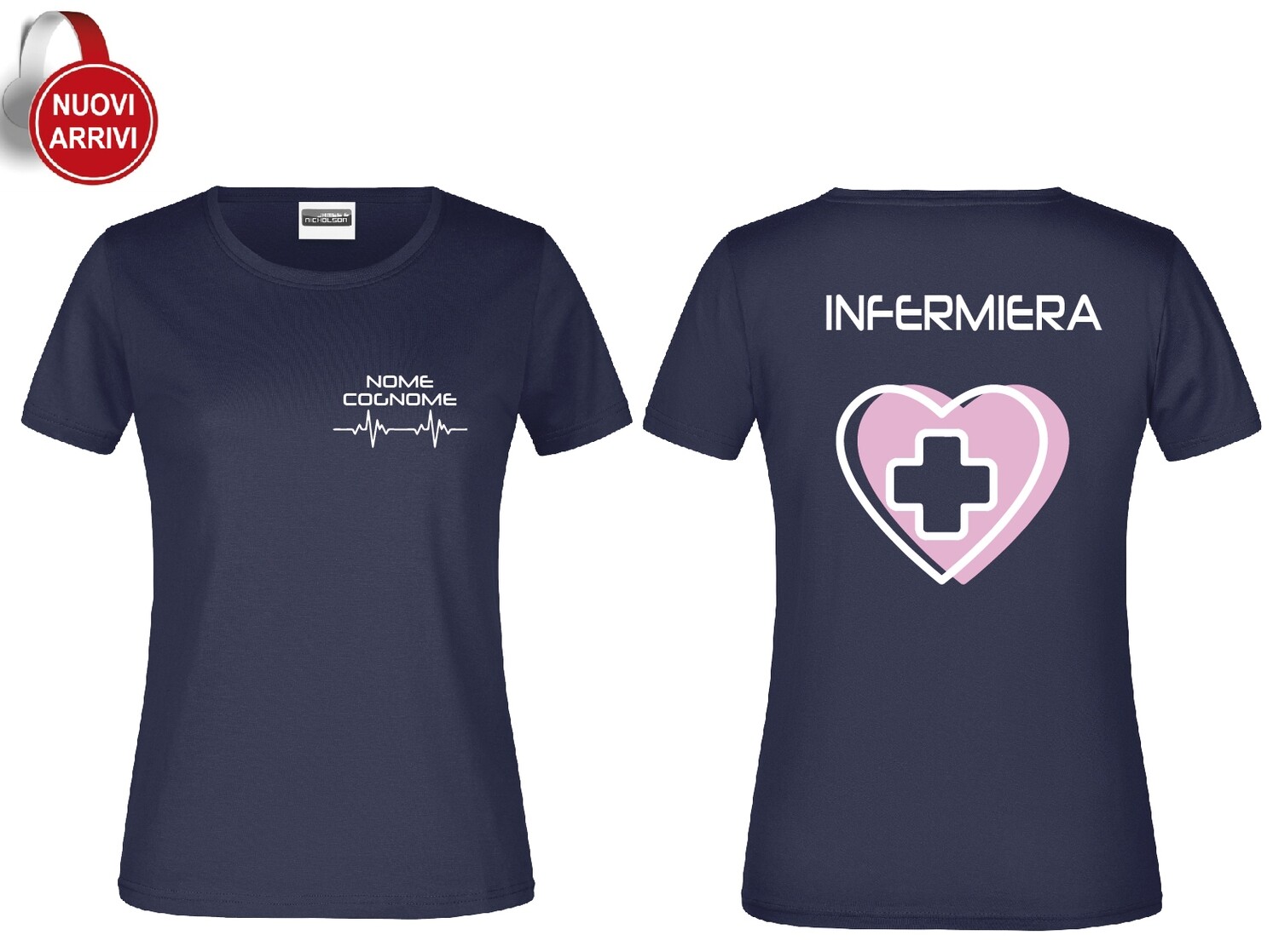 T-shirt Infermiera New CUORE ROSA - Personalizzata con nome, COLORE: Blu Navy