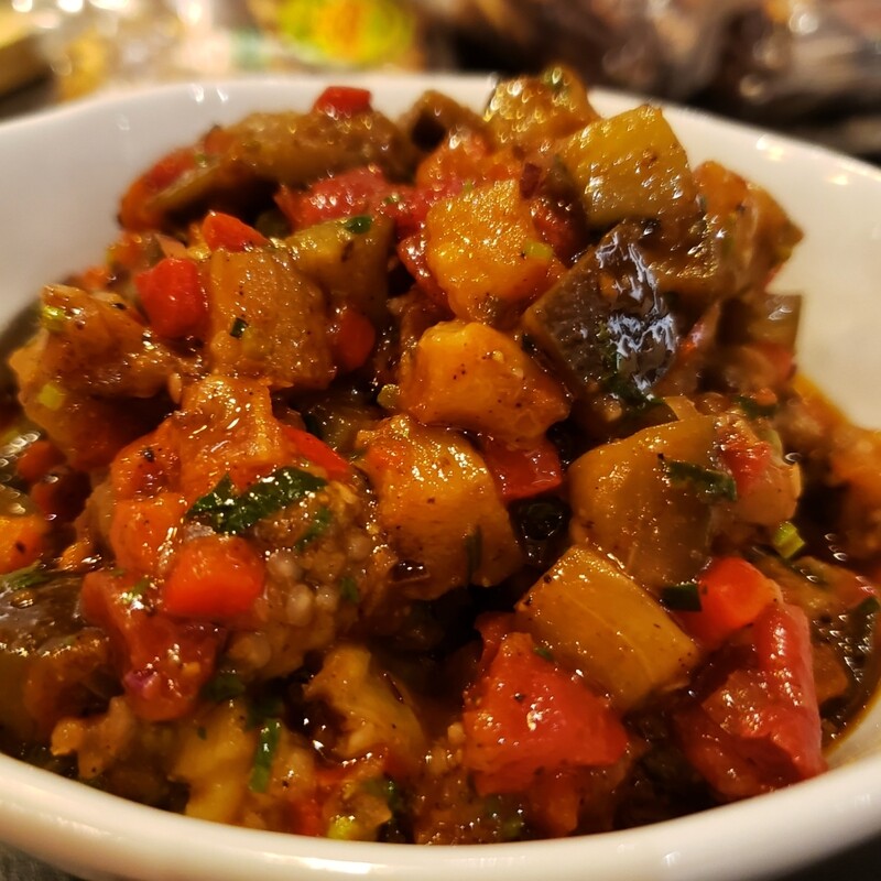 Spiced smoked eggplant salad, ginger marsala. 
V, vi, gf, lf, k