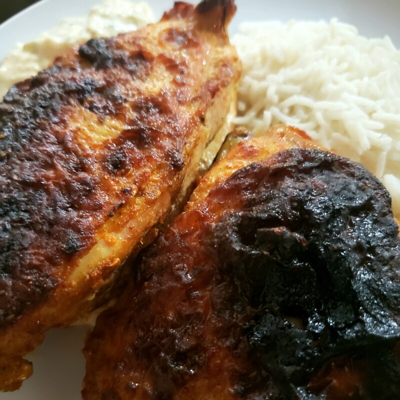 Tandoori chicken, Yogurt and tandoori spices marinated roasted chicken, basmati rice, coliflour curry. Gf