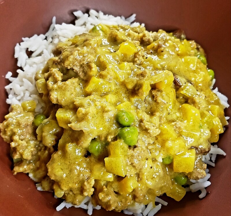 Coconut, tropical fruits veal curry, apple banana mango coconut lime and coconut milk, yellow curry, basmati rice Gf, lf