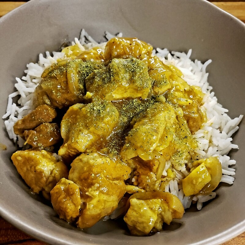 Indian pork, spicy pork belly in a spices rich chili curry sauce, over cauliflower rice. 
Gf, k
