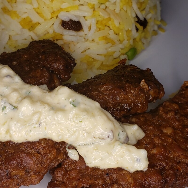 Garlic lamb kebab, 2 spices marinated ground lamb skewers, yellow cauliflower rice Gf, lf, k