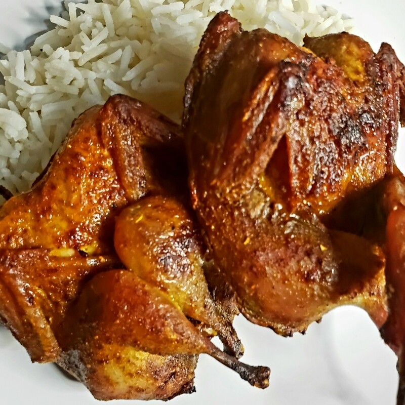 Tandoori quail, 24 hours Indian spices marinated quail,  cooked in tandoori oven 
Gf, k