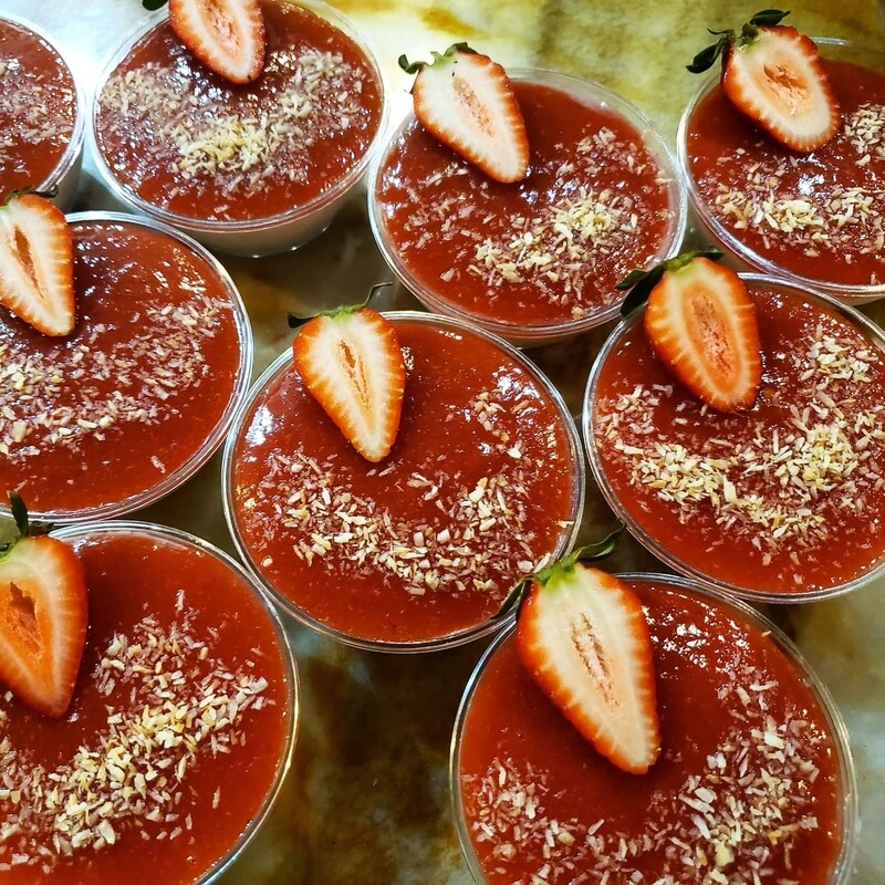 Vegan panna cotta, red berries coulis V, Vi, Gf, Lf