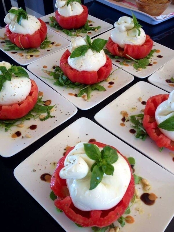 Tomato stuffed with almond pesto tomato concasse and  burrata mozzarella, balsamic reduction and candied lemon zest 
V, gf, k