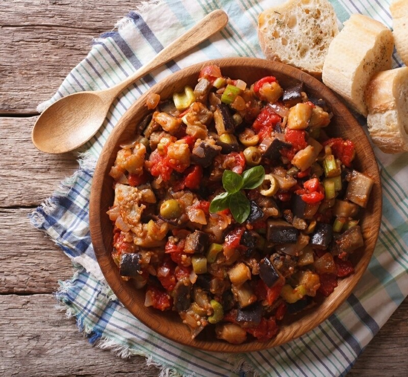 Caponata Siciliana, eggplant stew, tomatoes, capers , green olives and celery. 
V, vi, gf , lf, k