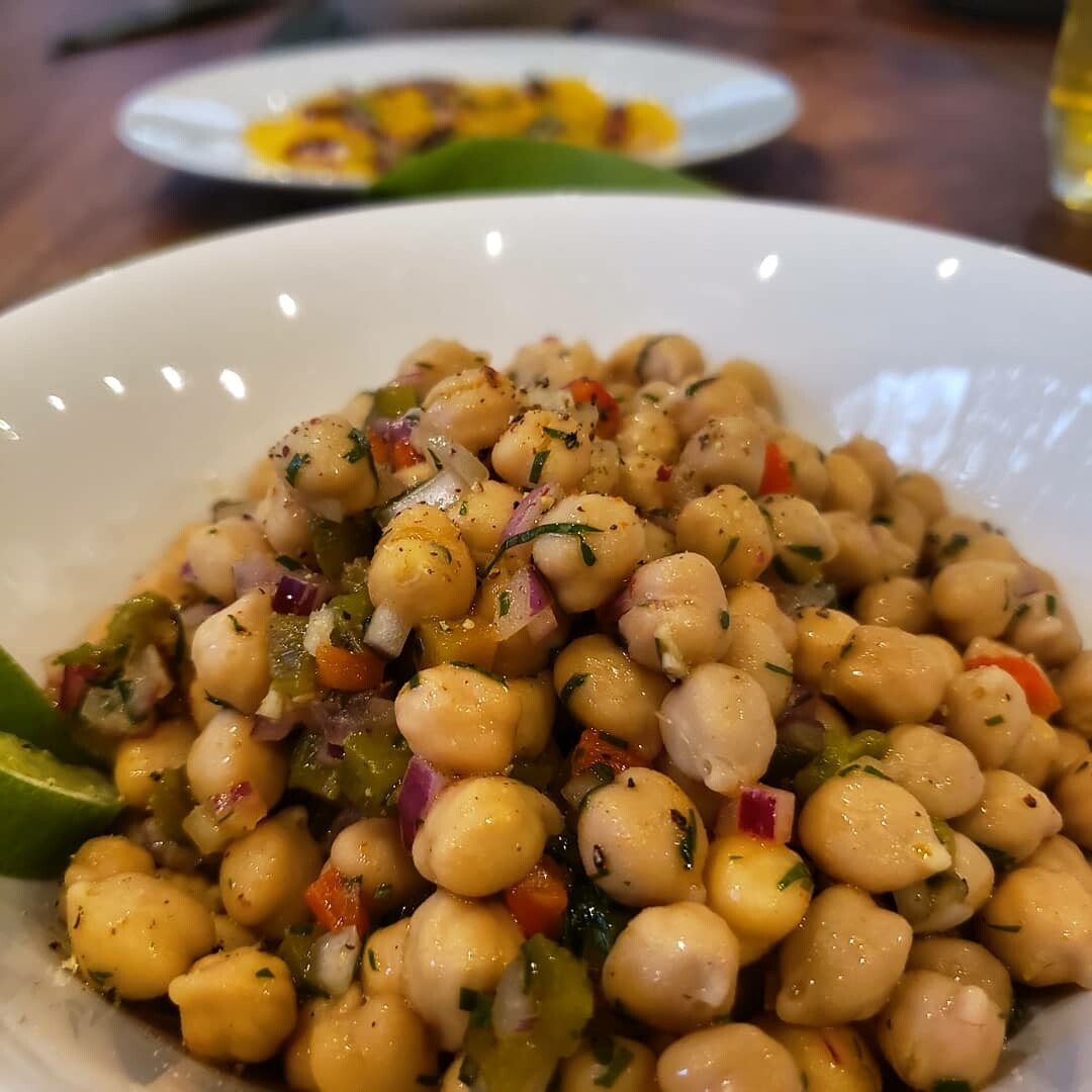 Middle eastern chickpea salad, harissa, roasted peppers and cumin. 
V, vi, gf, lf