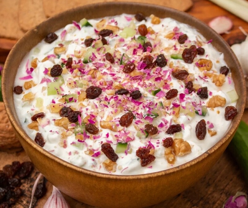 Vegan Mast-o Khiar, Persian Cucumber, raisin, walnut and Herb &quot;Yogurt&quot; dip. V, vi, gf, lf