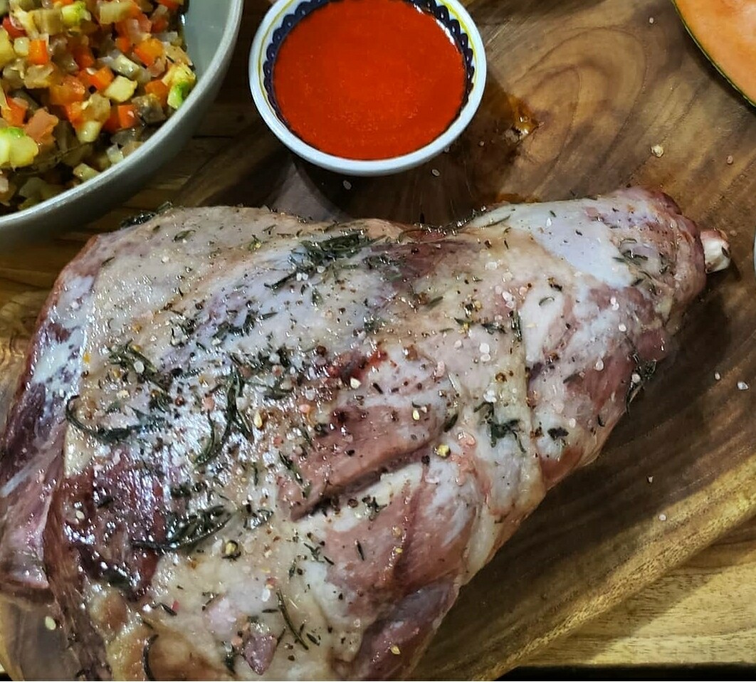 Roasted Middle Eastern spices marinated leg of lamb, butter sauteed cauliflower and broccoli. Gf, k