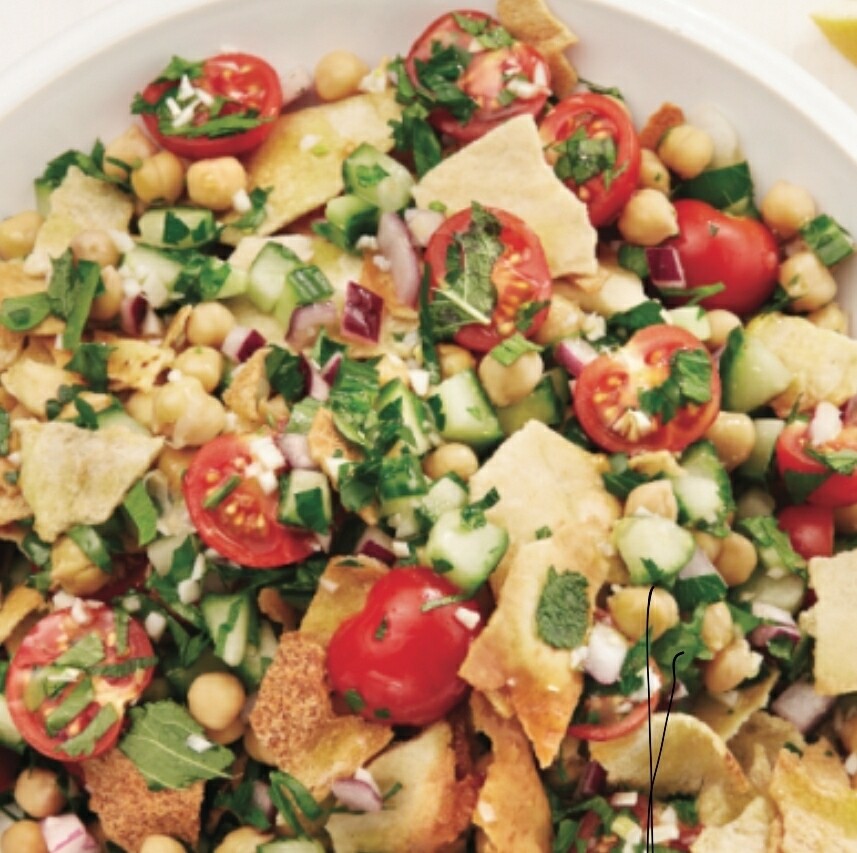 Fattoush salad, fried pita(low carb cheesy flat bread chips for Gf and K), sumac, romaine lettuce, cucumbers, tomatoes, green onions and radishes, olive oil lime dressing. 
V, vi, gf, lf, k