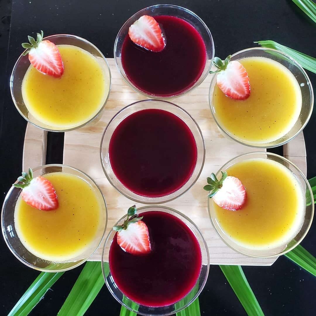 Coconut vanilla Malabi, tropical fruits coulis.
V, vi, gf, lf