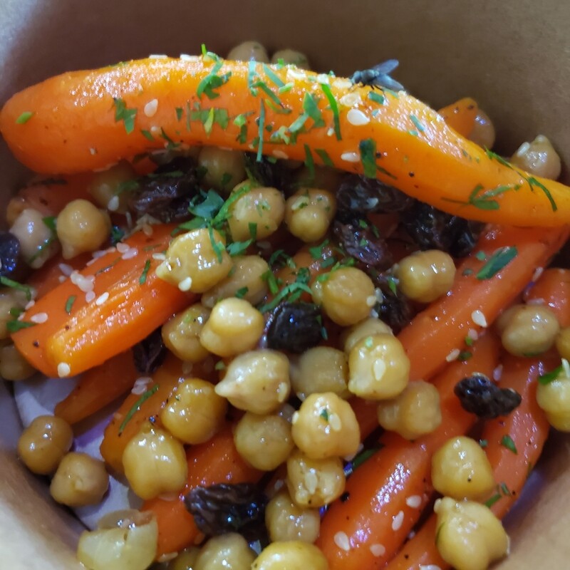Sesame honey glazed mini carots and chickpeas, coriander and cumin. 
V, vi, gf, lf