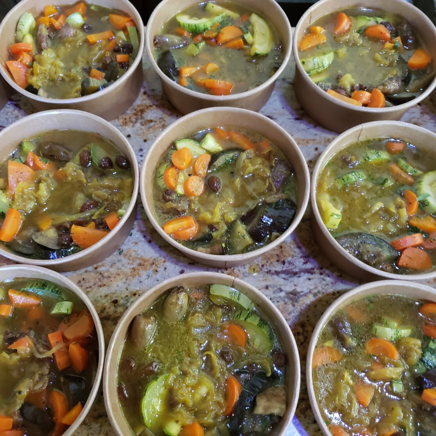 Vegetarian Couscous, chickpeas raisin wheat couscous, steamed eggplant, carrots and zucchini, vegetable broth. 4 servings V, vi, lf