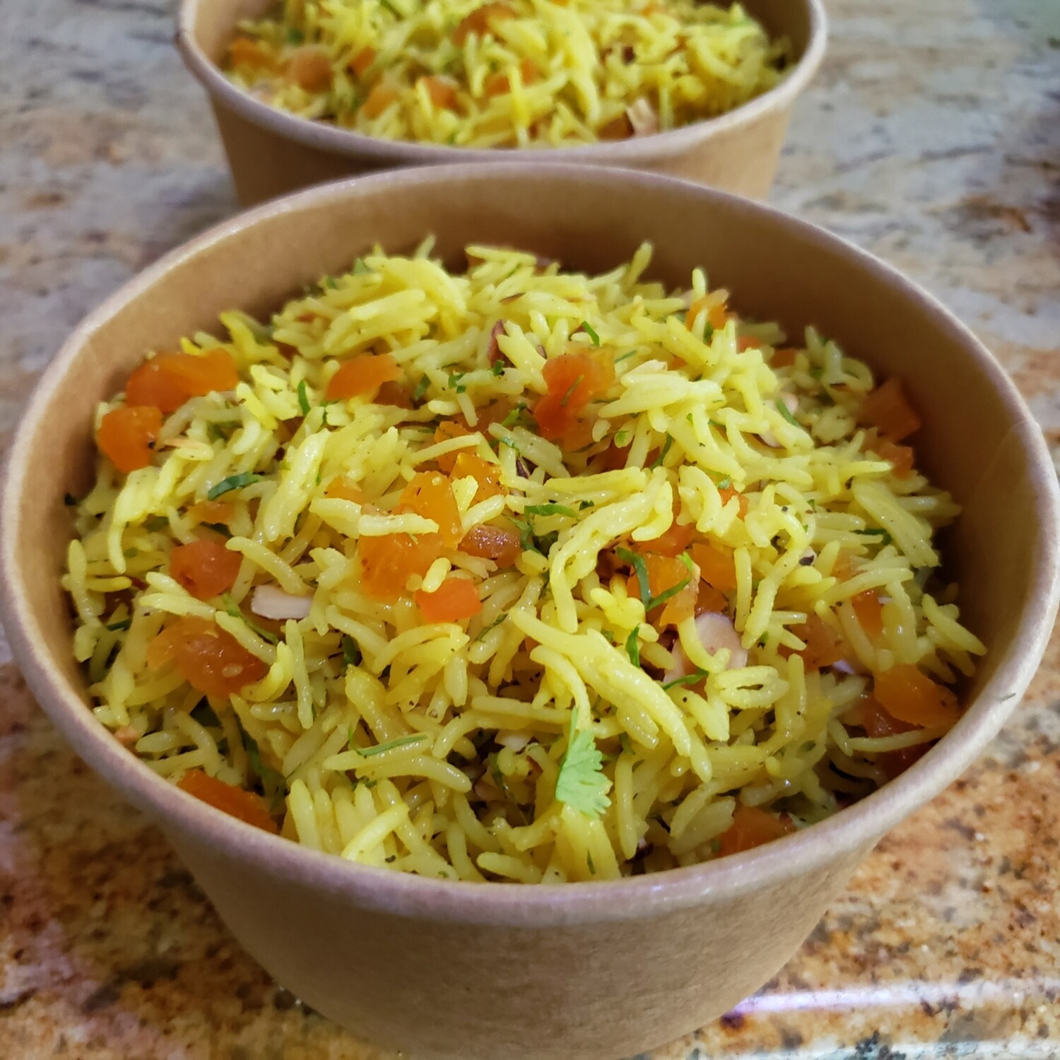 Apricot and roasted almond long grain tumeric rice. V, vi, gf, lf