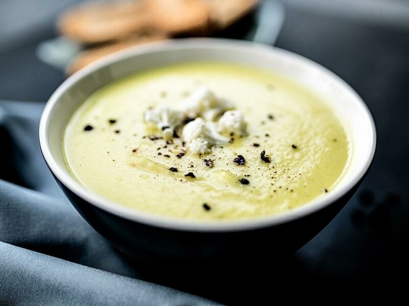 Cauliflower and Goat Cheese veloute. V, gf, k