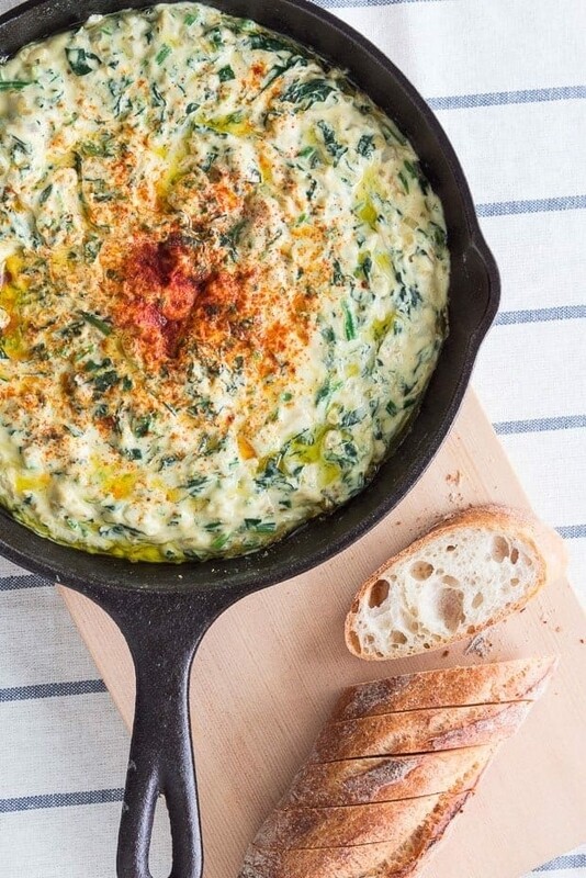 Cheesy spinach dip, and baguette crostinis 
V, cf, k