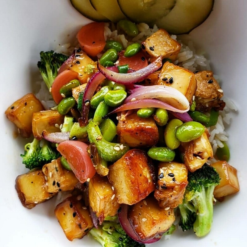 Baked marinated tofu, sesame duet, pineapple rice. 
V, ve, gf, lf