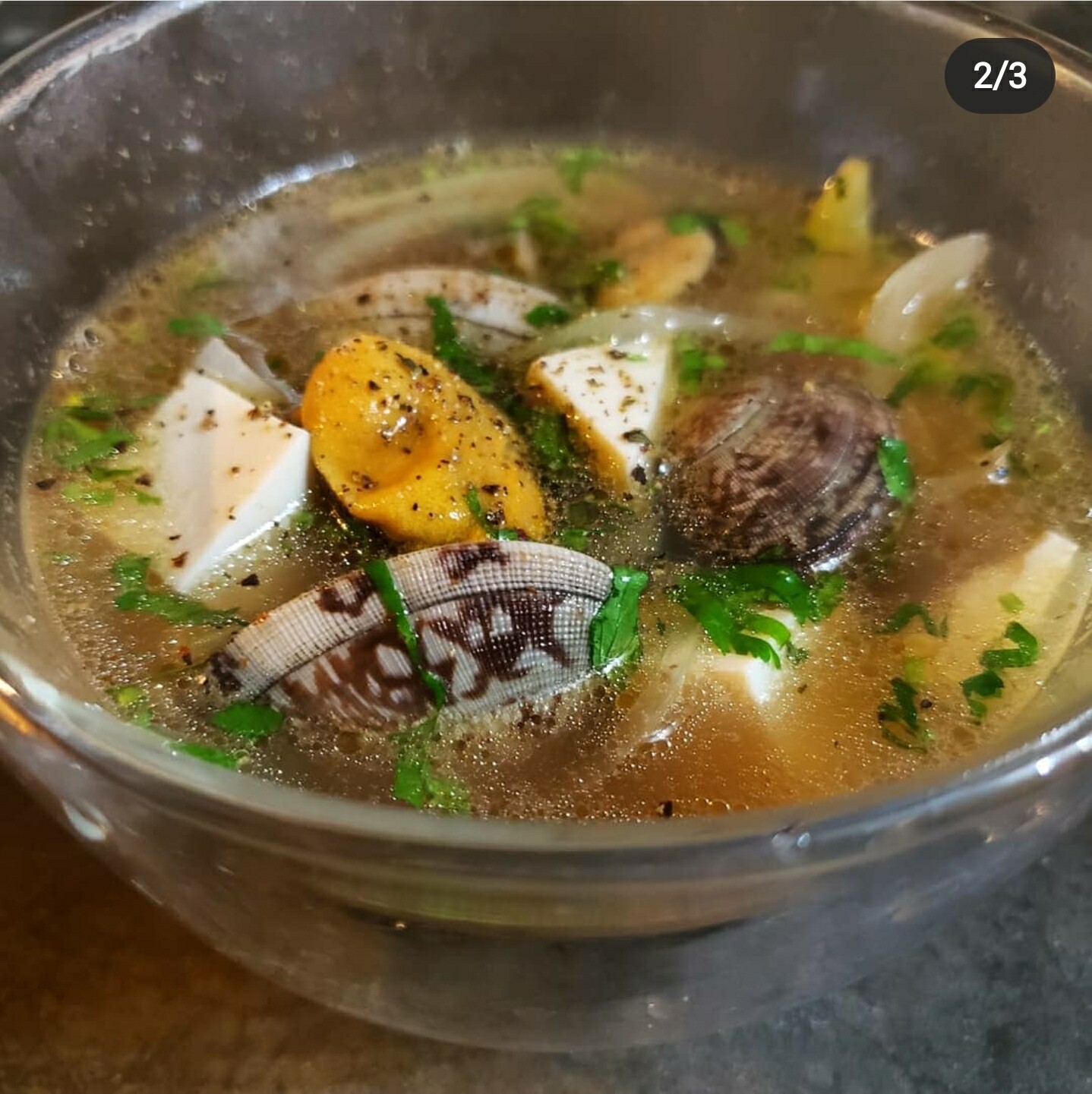 Miso and seafood soupe, tofu, shrimps, mussels, clams and green onions. Gf, lf, k