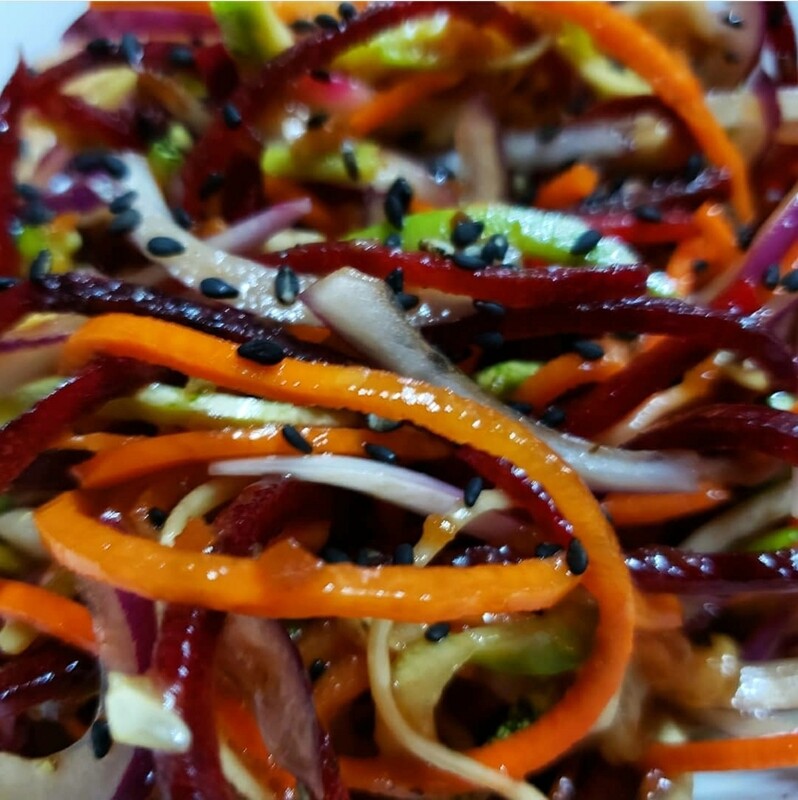 Mixed vegetable spaghetti, Japanese sweet and sour citrus dressing. 
V, vi, gf, lf