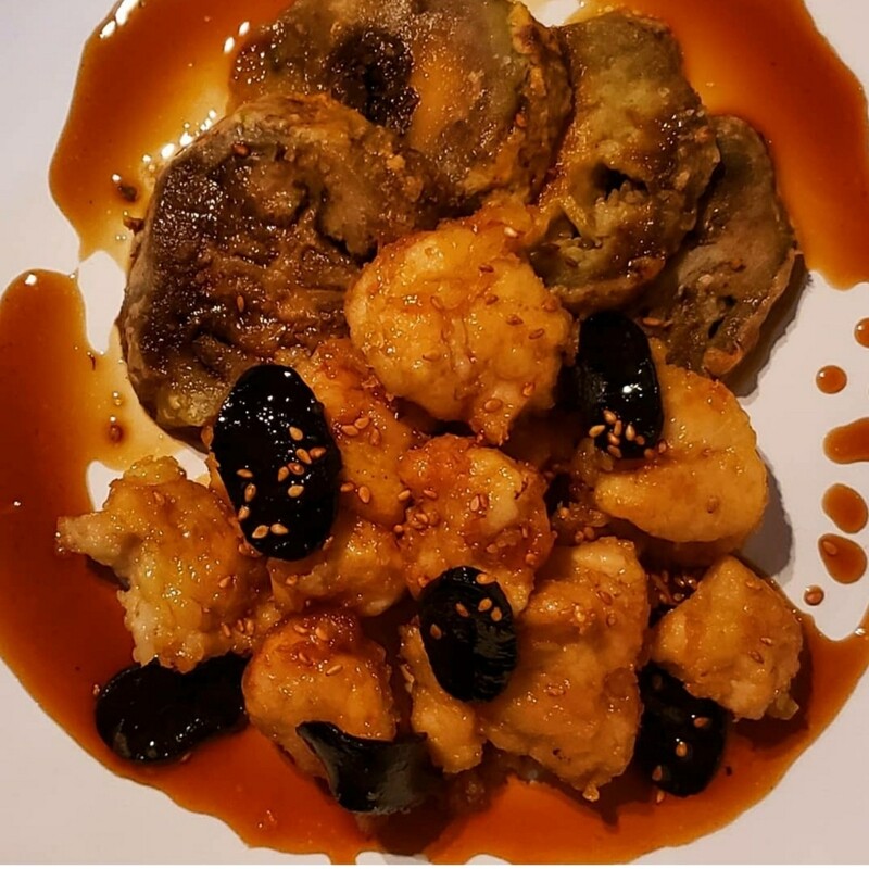 Egg coated chicken teriyaki, black garlic and sesame, miso and ponzu marinated roasted eggplants. 
Gf, lf