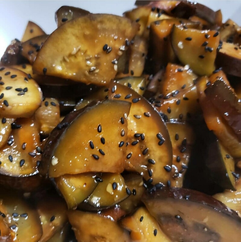 Sauteed sesame eggplant, sweet and soure yuzu sauce. 
V, vi, gf, lf