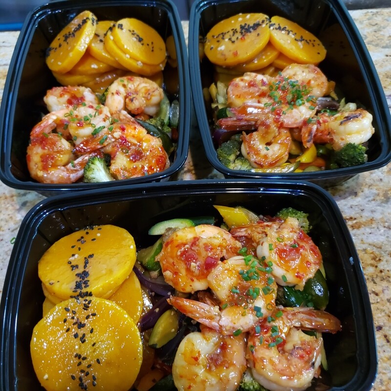 Sauteed sweet and spicy shrimps, five spices roasted butternut, white rice. Gf, lf, k