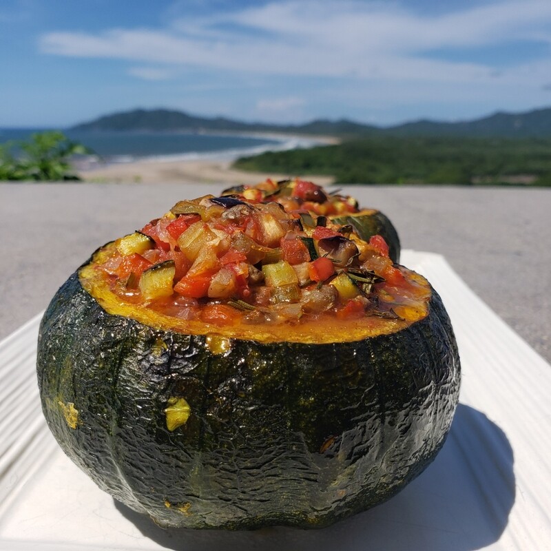 Micro ratatouille stuffed squash. 
V, ve, gf, lf Micro ratatouille stuffed squash. 
V, ve, gf, lf