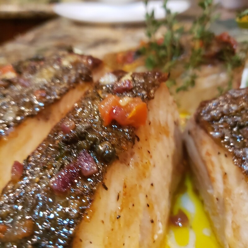 Roasted crispy skin seabass filet, capers and kalamatas salsa fresca, potato ecrasee, olive oil sauteed minis yellow squash and preserved radishes.
Gf, lf Roasted crispy skin seabass filet, capers and kalamatas salsa fresca, potato ecrasee, olive oil sauteed minis yellow squash and preserved radishes.
Gf, lf
