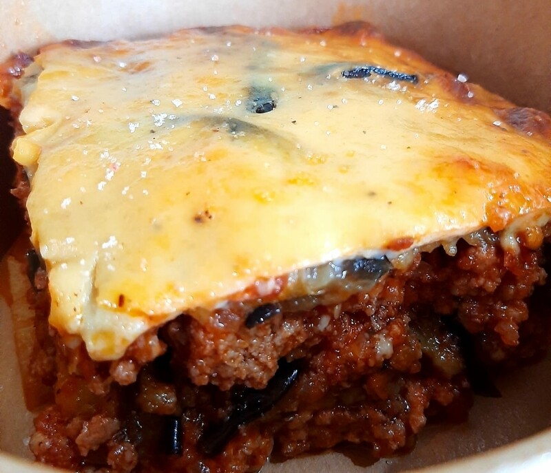 Moussaka gratin, eggplant, beef , potatoes, tomatoes and bechamel.