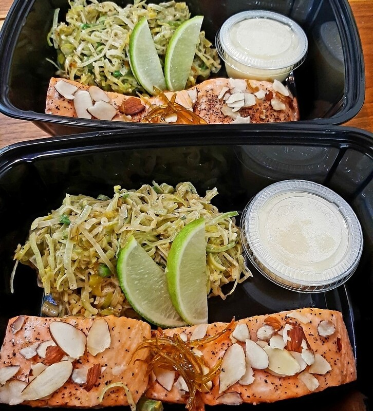 Baked salmon, lemon cream sauce, roasted almonds, candied lemon zests sauteed leeks and asparagus. 
Gf, k