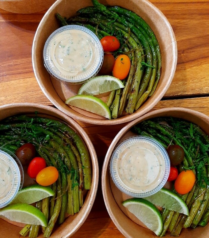 Roasted green asparagus, preserved sweet lemon zests, tahini dipping sauce. 
V, vi, gf, lf, k