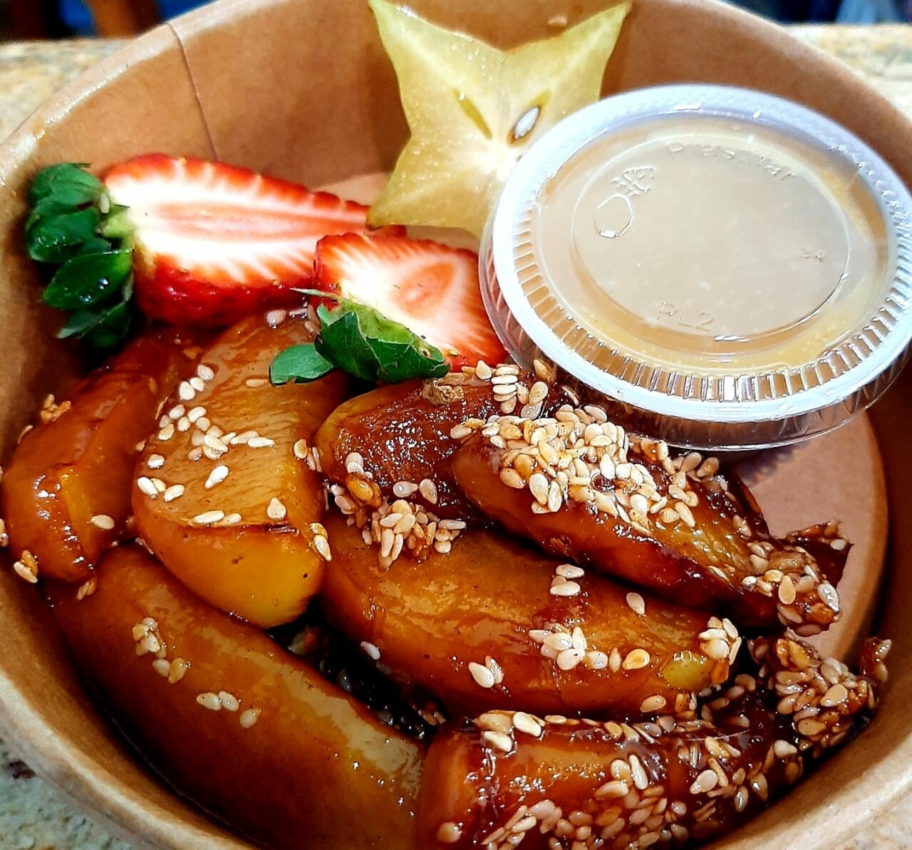 Caramelized sesame apple candy, salted butter caramel. 
V, gf