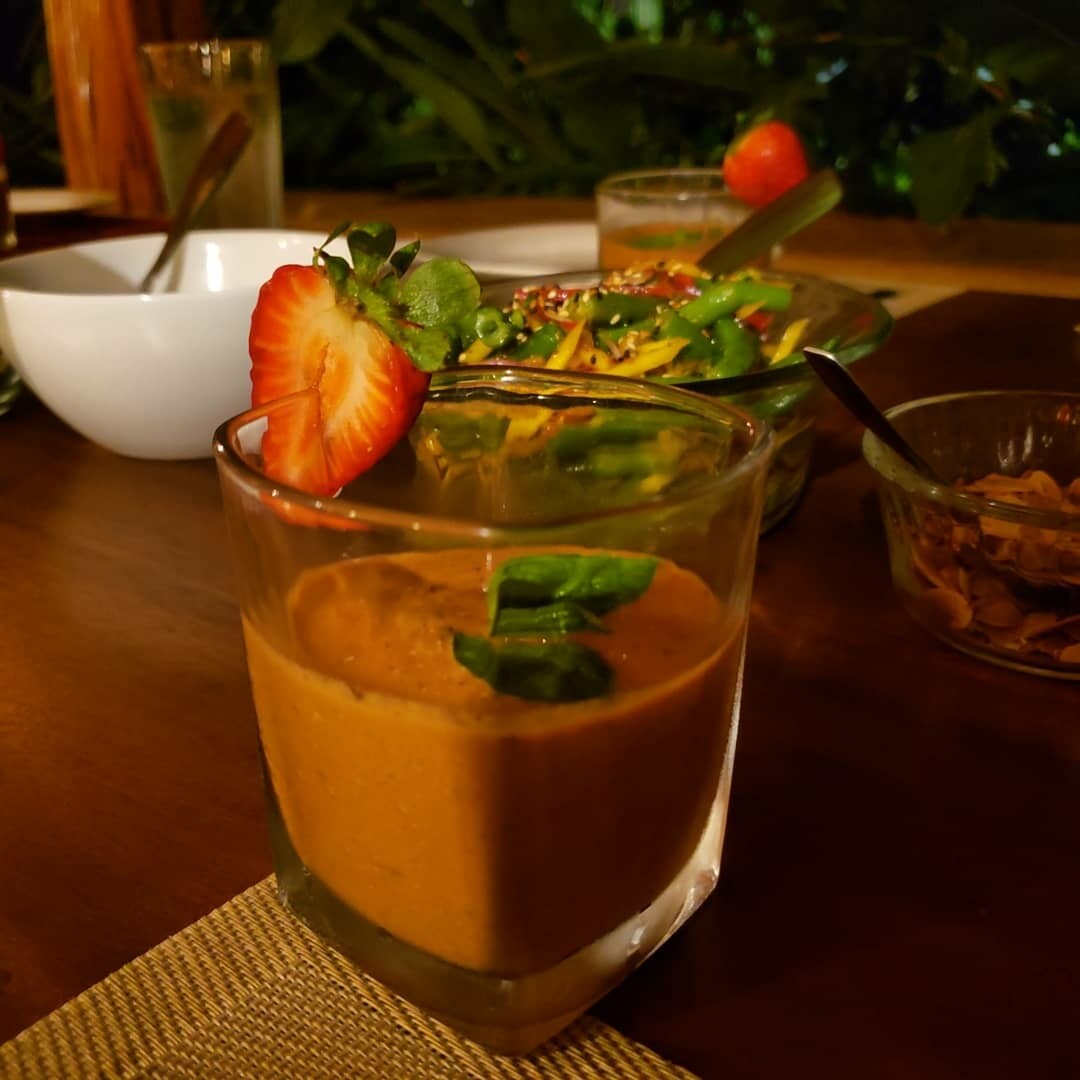 Strawberry tomatoes and basil gaspacho. 
V, vi, gf, lf