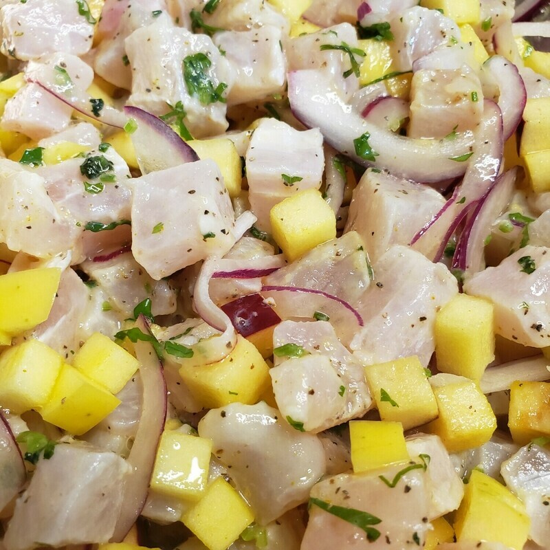 Granny Smith lime white marlin ceviche, side of aji sauce and patacones. 500g 2 to 4 servings. V, gf, lf, k