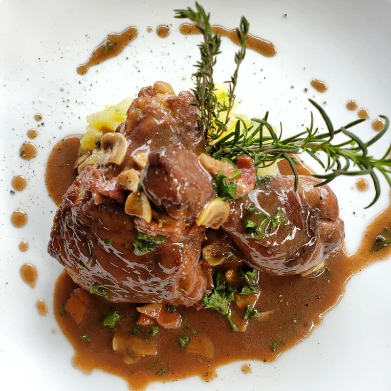 Coq au vin, chicken in red wine mushrooms and smoked pork belly sauce, olive oil and garlic mashed potato  Gf, lf, k