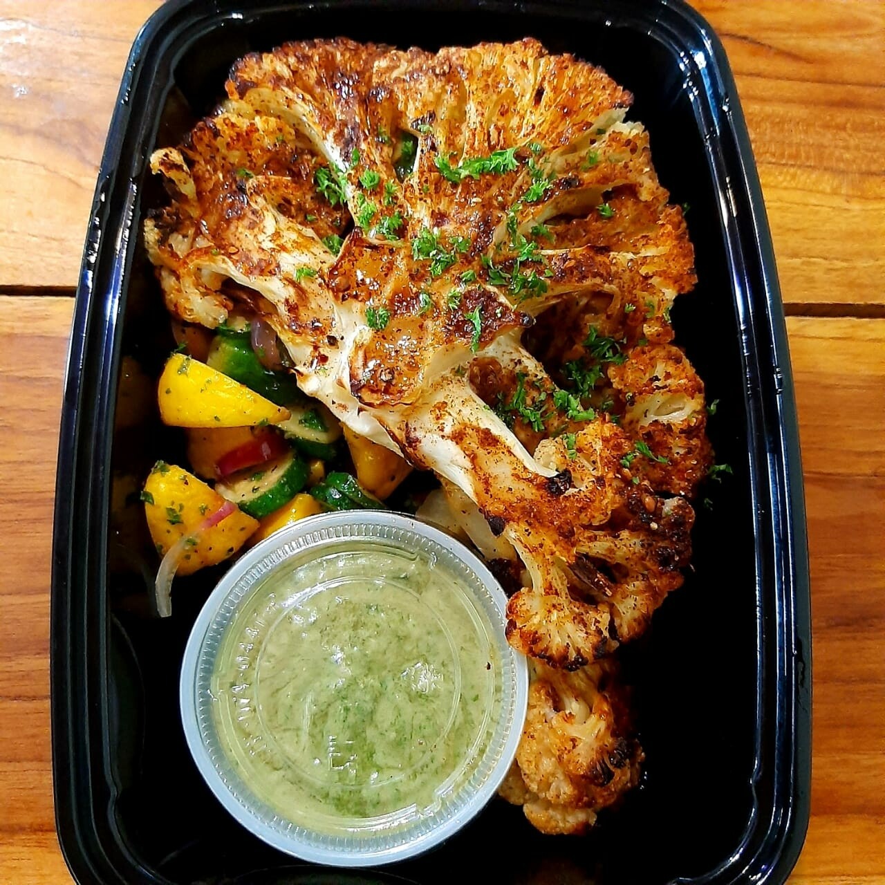 Zaatar roasted cauliflower steaks with green tahini sauce, lemon garlic grilled zucchini, sauted oysters mushrooms 
V, vi, gf, lf 