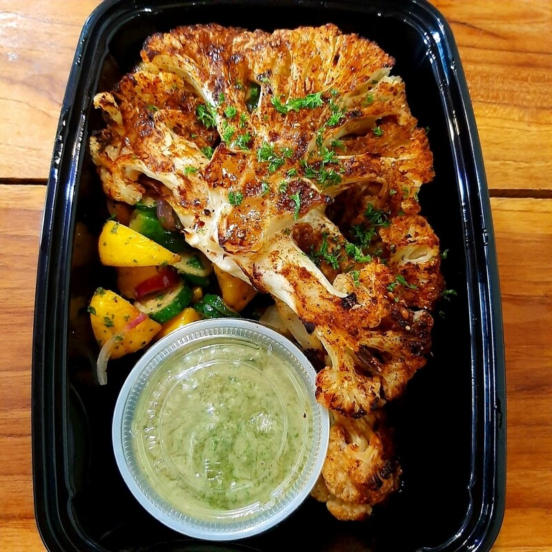 Zaatar roasted cauliflower steaks with green tahini sauce, lemon garlic grilled zucchini, sauted oysters mushrooms 
V, vi, gf, lf 