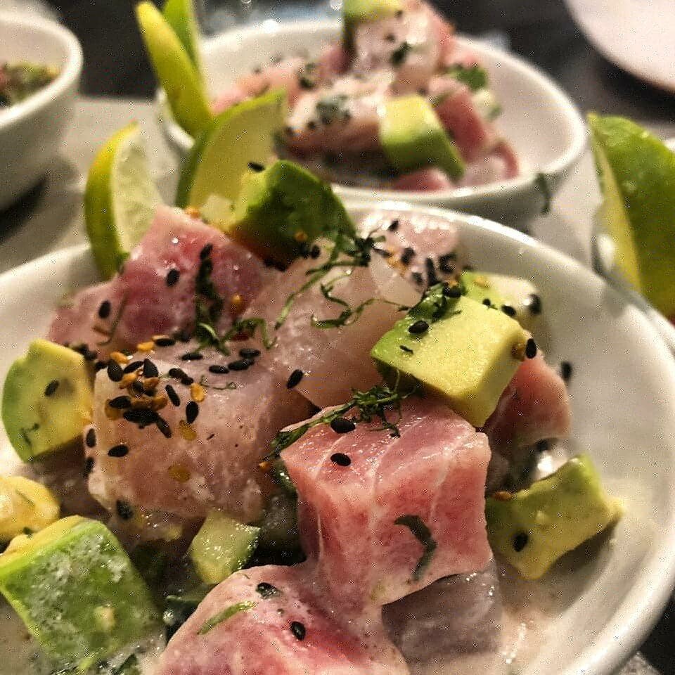 White marlin and Tuna ceviche, coconut, avocado and lime. gf, lf