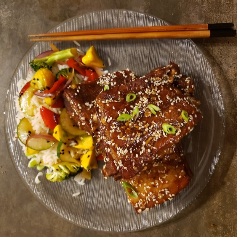honey roasted baby back ribs, vegetables stir-fry and mango sesame quinoa salad. Lf, gf