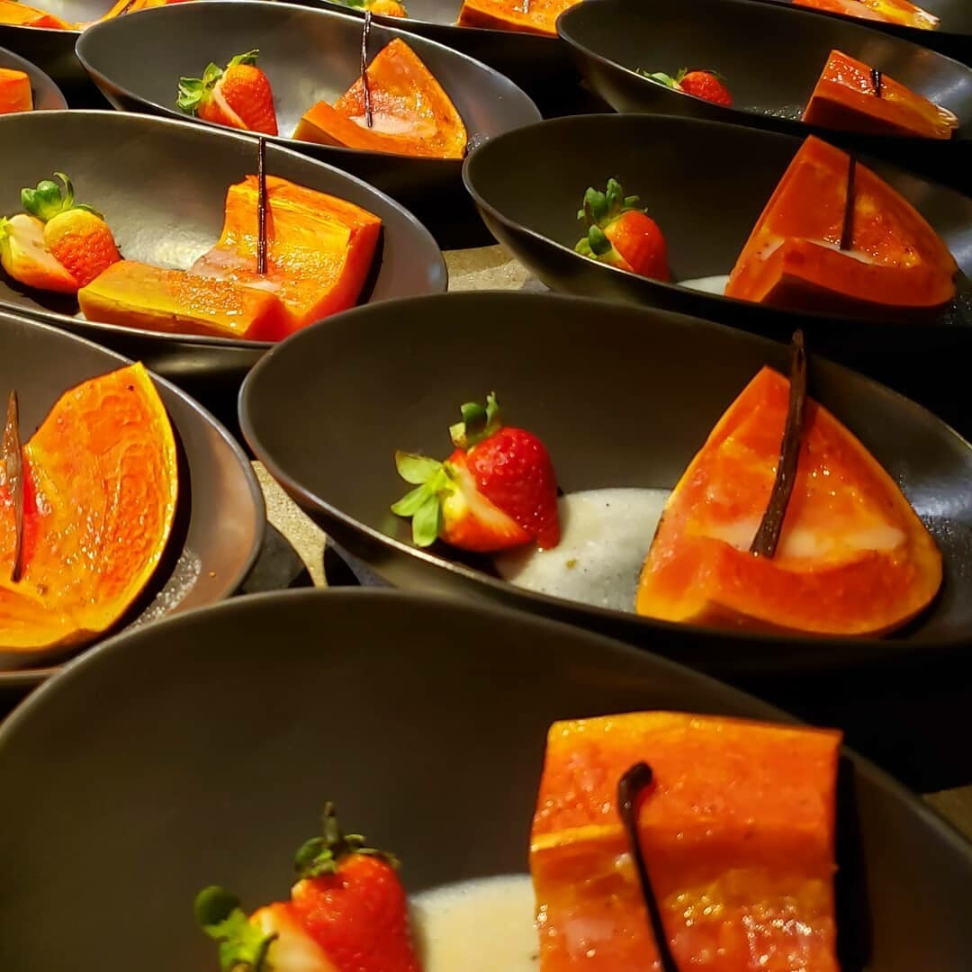 Coconut milk and vanilla roasted papaya.
V, vi, li, gf